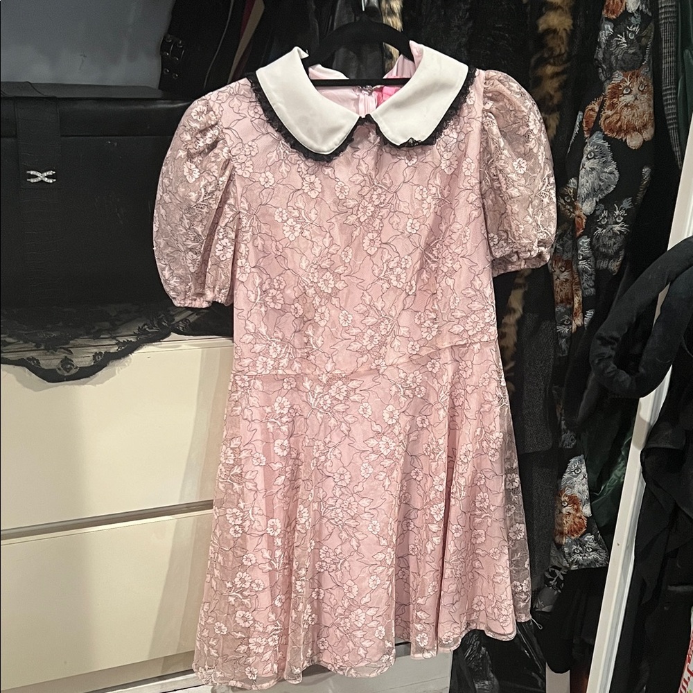 Sugar Thrillz Pink Floral Lace Dress with White Collar